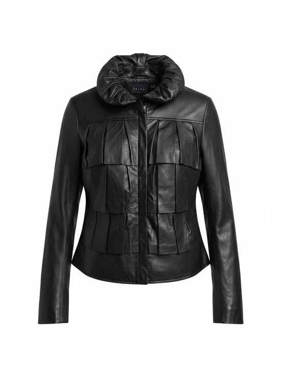 Tribal Jackets & Blazers - Tribal Black Layered Fringe Leather Jacket with Padded Collar